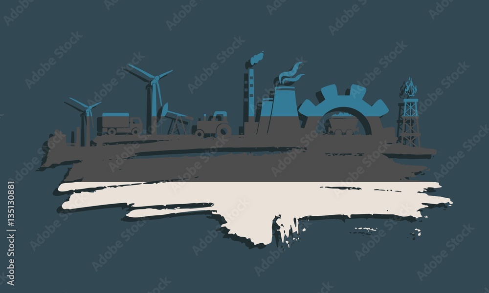 Energy and Power icons set and grunge brush stroke. Energy generation and heavy industry relative image. Agriculture and transportation. Vector illustration. Flag of the Estonia