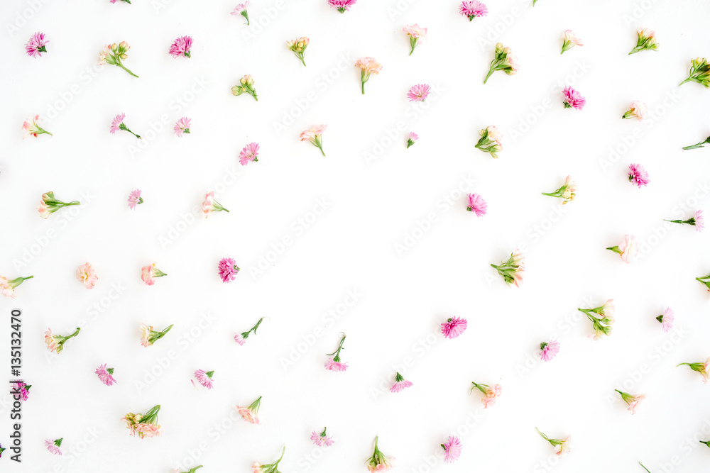 Frame with pink and beige wildflower buds, green leaves, branches on white background. Flat lay, top view. Valentine's background Frame with pink and beige wildflower buds, green leaves, branches on white background. Flat lay, top view. Valentine's background