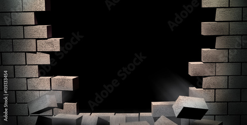 Cracked brick wall, bullet hole, destruction, abstract background