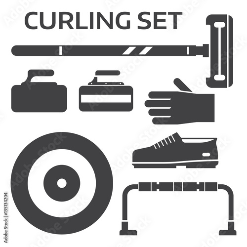 Winter curling sport equipment outline icons set with broom, stone, shoes and other elements. Ice sports essentials silhouettes in black and white.