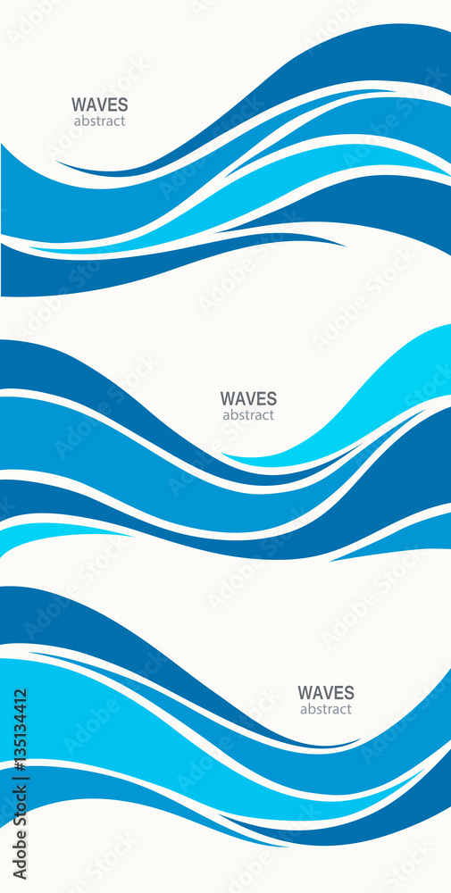 Set marine pattern with stylized blue waves on a light backgroun
