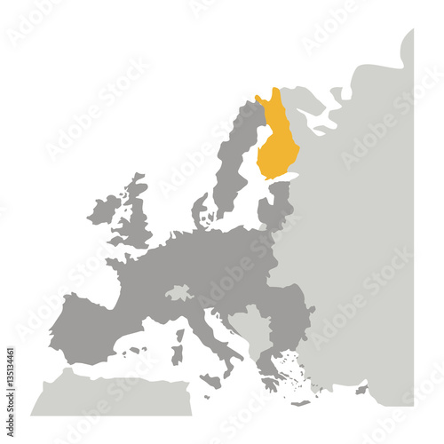 grayscale silhouette with europe map and finland in yellow color vector illustration