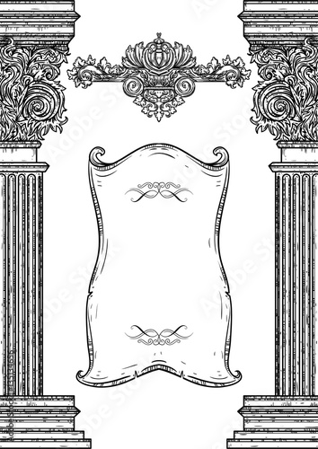 Vintage architectural details design elements. Antique baroque classic style column and cartouche. Hand drawn vector illustration