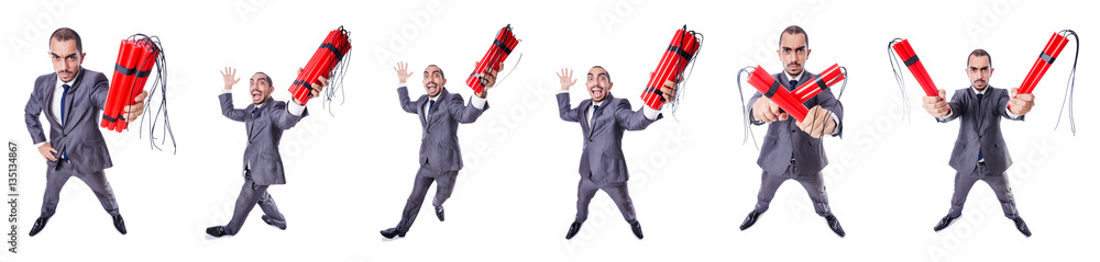 Businessman with dynamite isolated on white Businessman with dynamite isolated on white