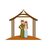 colorful image with saint joseph and virgin mary with baby in arms under manger vector illustration
