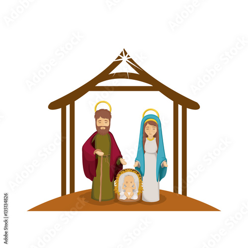 colorful image with virgin mary and saint joseph and jesus in crib under manger vector illustration