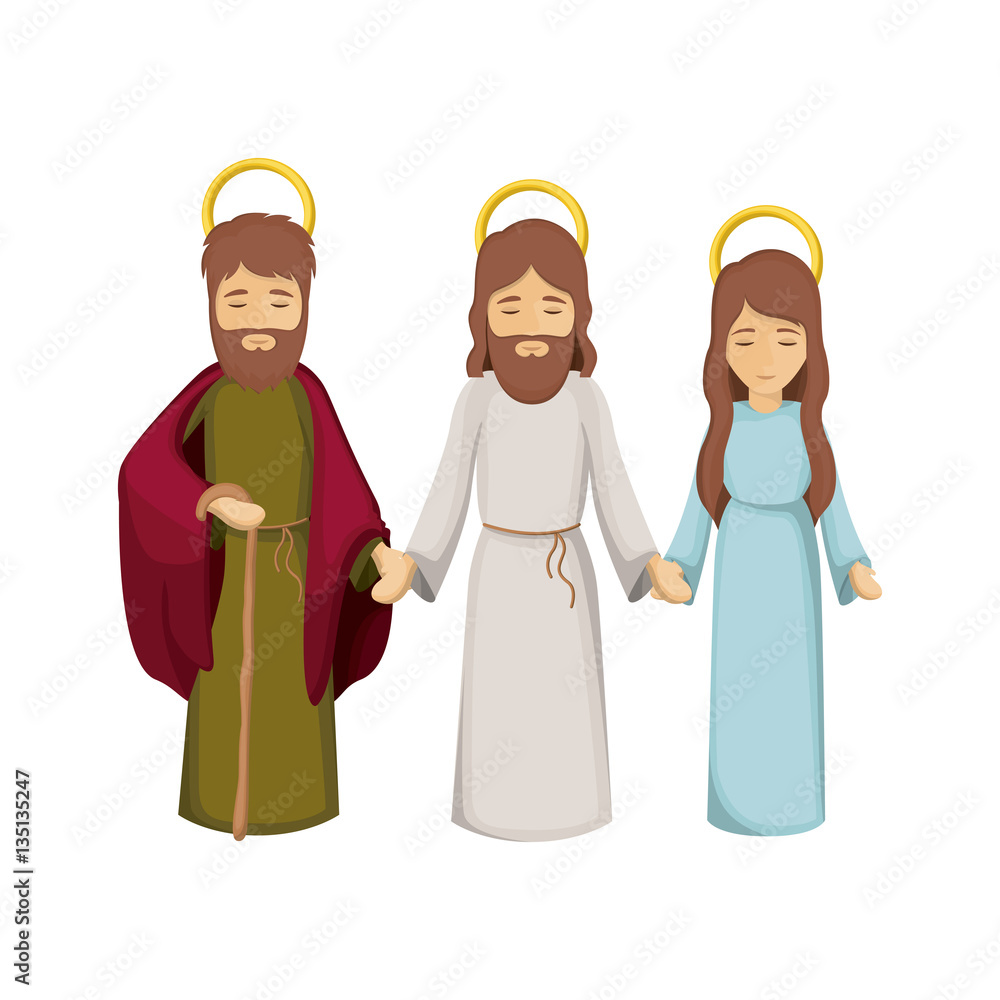 colorful image with jesus and virgin mary and saint joseph holding hands vector illustration