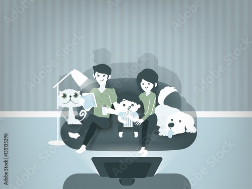 beautiful graphic design illustration of family watching movies together,mom,dad,child and pets sitting on against the TV in the home atmosphere, family illustration concept