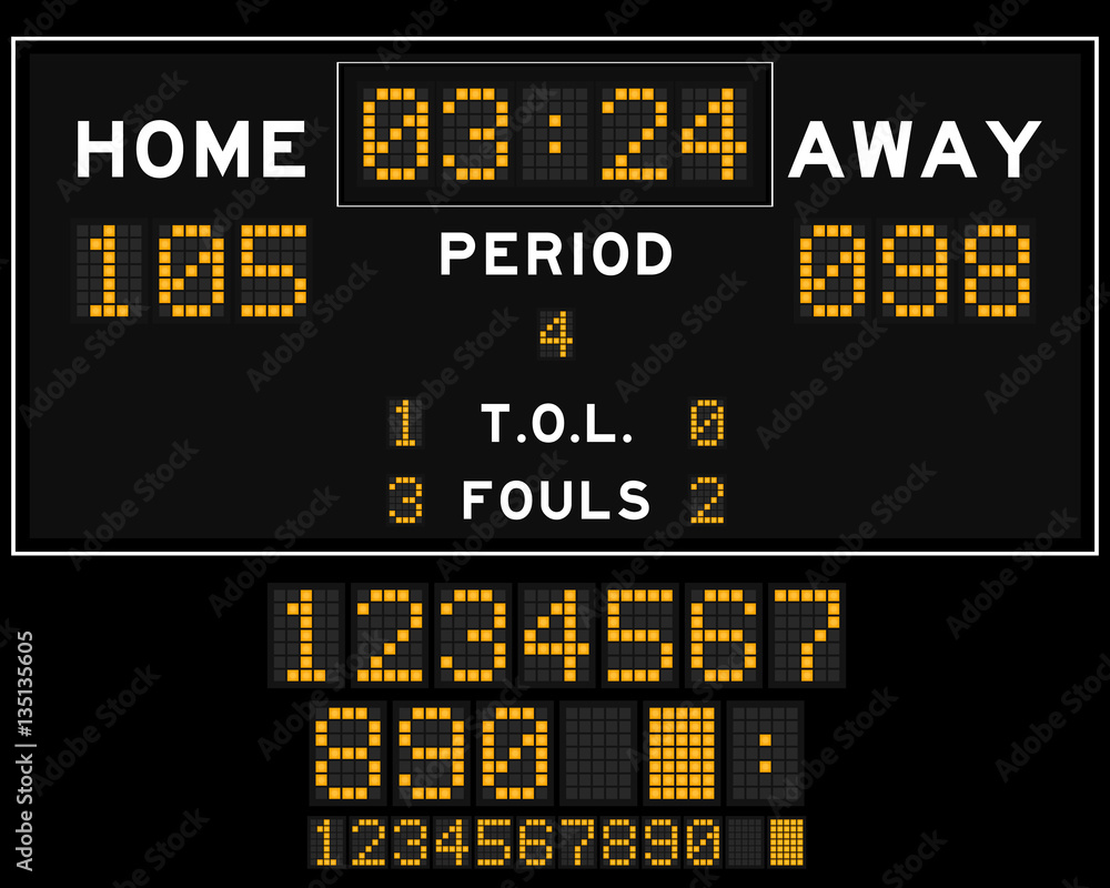 Basketball score board with orange square led on black backgroun Basketball score board with orange square led on black backgroun