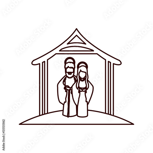 monochrome contour with virgin mary and saint joseph embraced under manger vector illustration