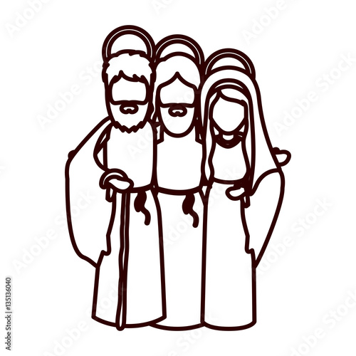 monochrome contour with jesus embraced to virgin mary and saint joseph vector illustration