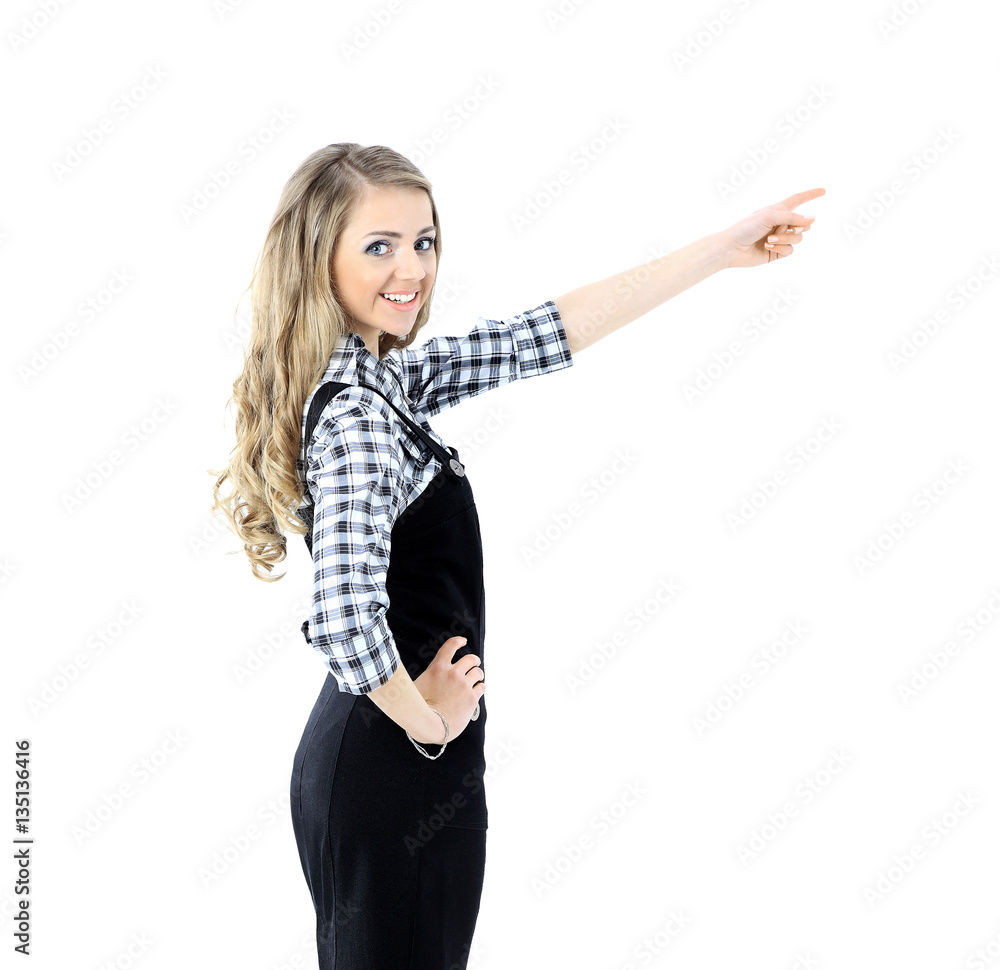 beautiful business woman shows a hand toward the virtual advertising text or the products beautiful business woman shows a hand toward the virtual advertising text or the products