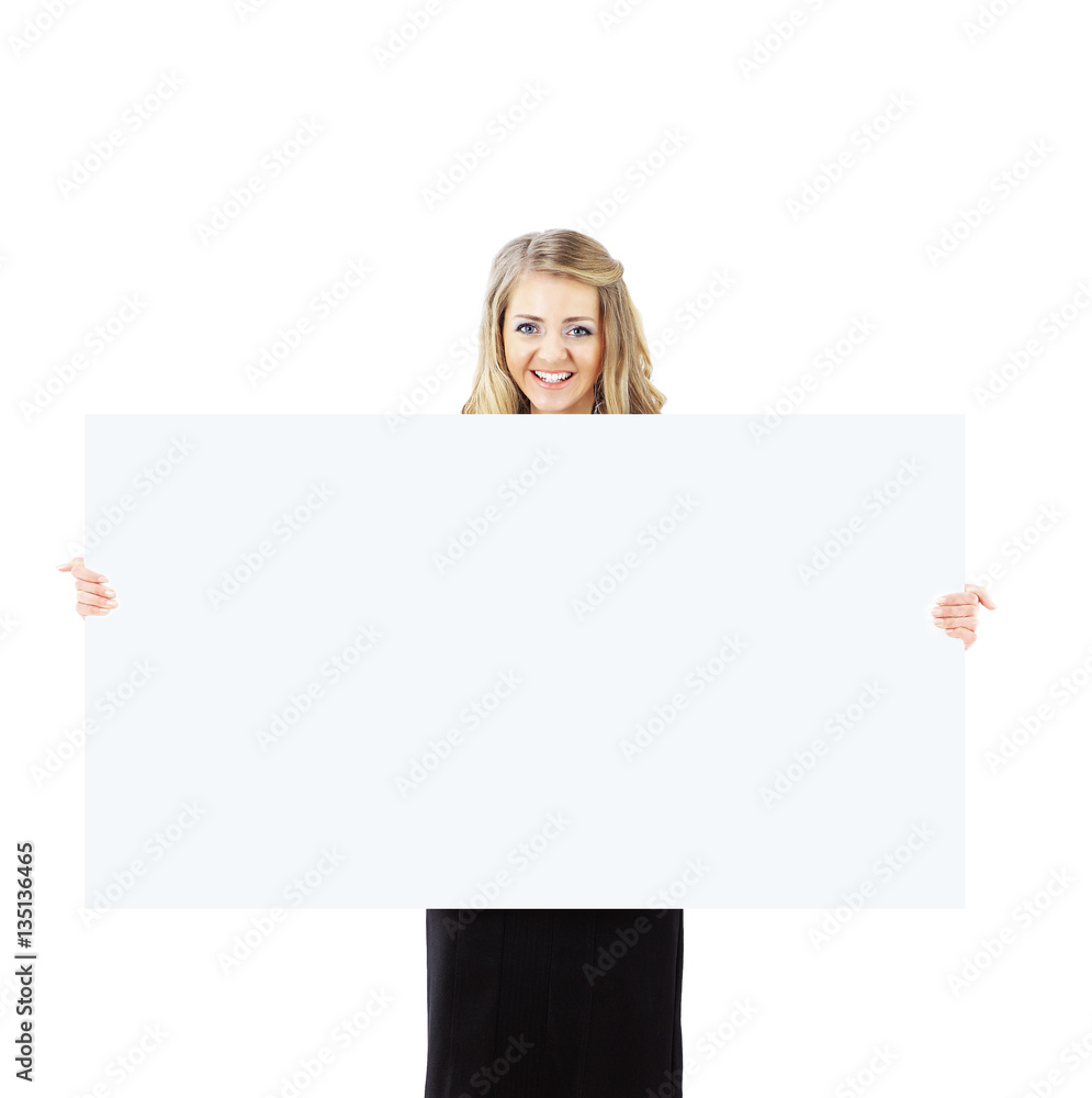 Happy smiling young business woman showing blank signboard Happy smiling young business woman showing blank signboard