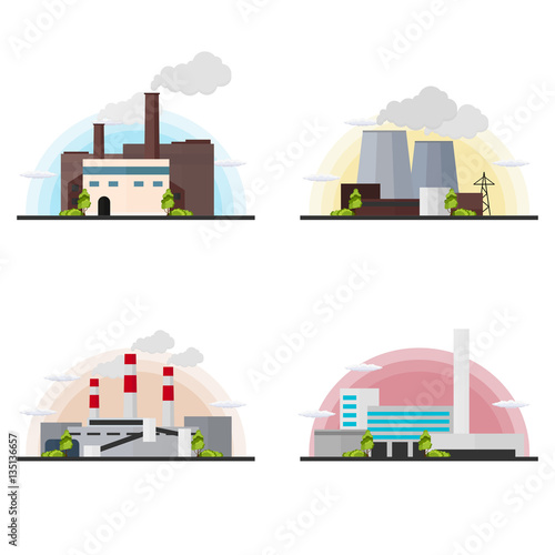 Industrial building factory set. Manufacturing. Vector flat illustration.