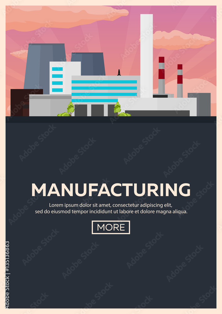 Poster Industrial building factory. Manufacturing. Vector flat illustration.