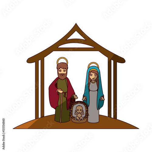 colorful image with virgin mary and saint joseph and jesus in crib under manger and middle shadow vector illustration