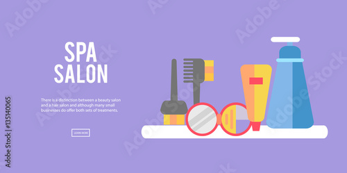 Beauty store background with make up artist and hairdressing objects lipstick, cream, brush. Template Vector.