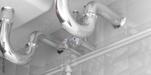 Water pipes under double sink. 3d illustration photo