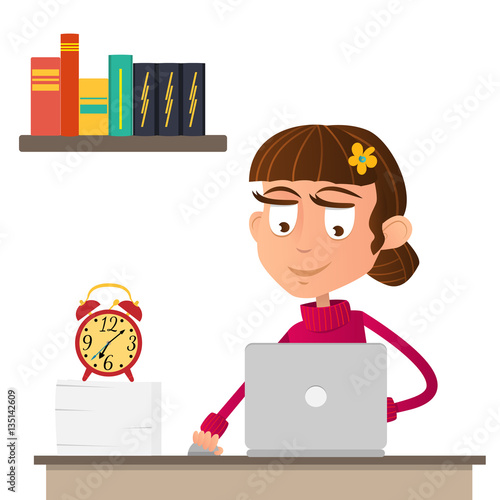 Serious girl working on the computer. Books on the shelf. Cartoon character.