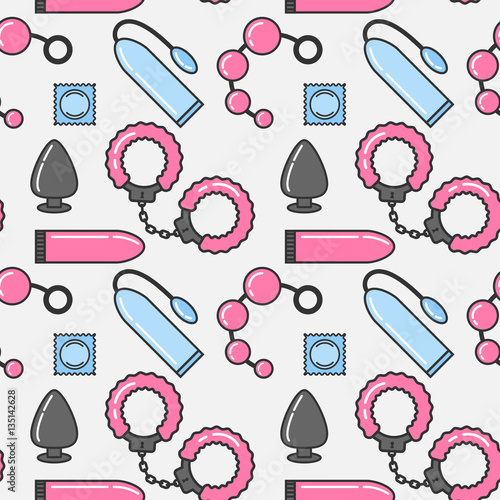 Vector seamless pattern of sex toys in the linear flat style.