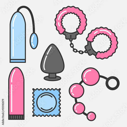 Vector set of sex toys in the linear flat style.