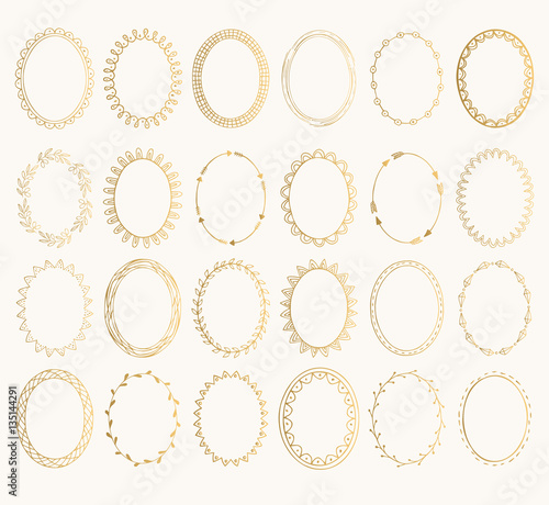 Set of golden oval hand drawn frames. Vector design elements. Fancy illustration. Isolated