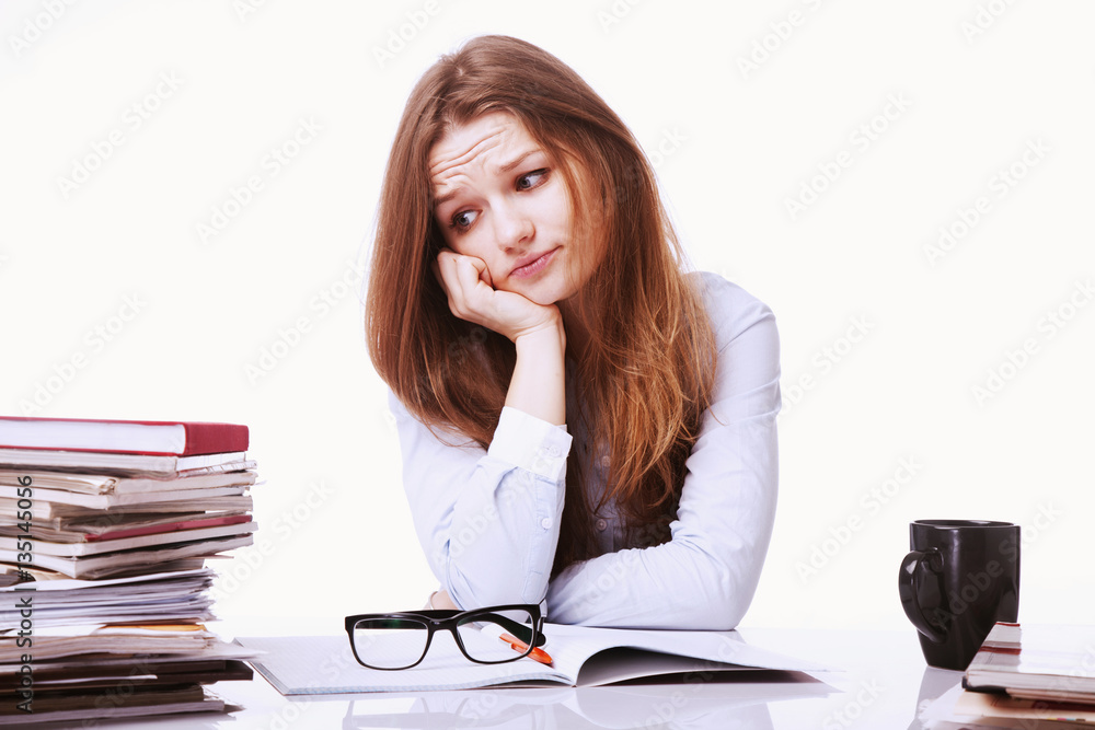 Businesswoman in problems. Alone working in office with a lot of Businesswoman in problems. Alone working in office with a lot of