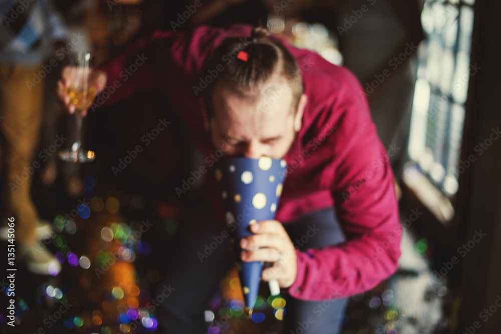 Drunk Man Vomit Party Hat Alcohol Abuse Hangover Concept Stock Photo
