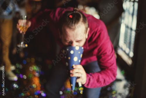 Canvas Print Drunk Man Vomit Party Hat Alcohol Abuse Hangover Concept