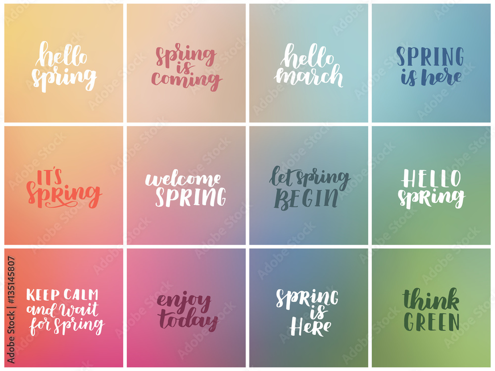 Vector set of blurred gradient backgrounds with spring lettering. Hand written quotes Hello spring on dreamy gradient background. Illustration collection.