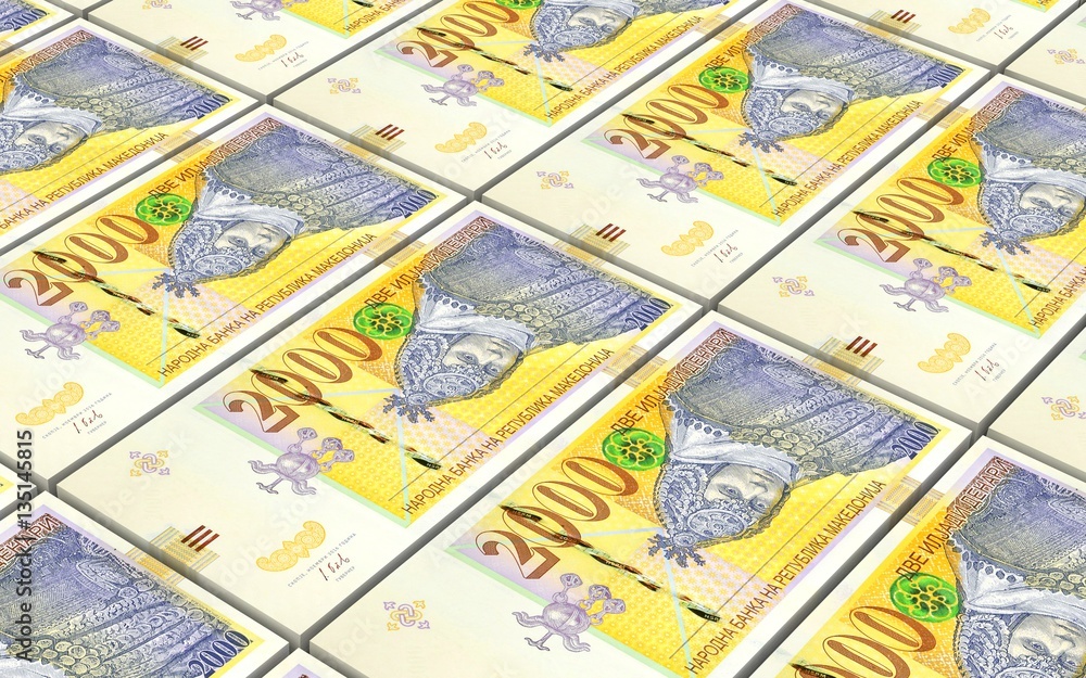 Macedonian denar bills stacks background. 3D illustration. Macedonian denar bills stacks background. 3D illustration.
