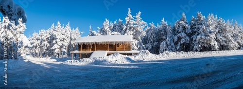 Fototapeta Naklejka Na Ścianę i Meble -  Panorama with a log cabin covered in snow in the forest