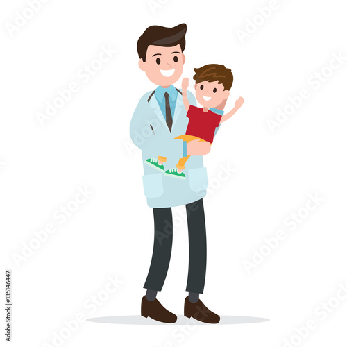 Pediatrician and healthy cheerful cute children. professional doctor , job , occupation. vector illustration.