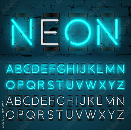 Neon Light Alphabet Vector Font. Glowing text effect. On and Off lamp. Neon tube letters on Brick wall background. isolated on blue background.
