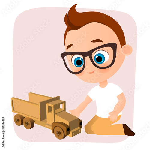 Young Boy with glasses and toy car. Boy playing car. Vector illustration eps 10 isolated on white background. Flat cartoon style.