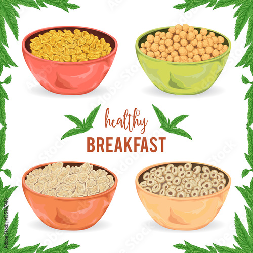 Collection of cereal porridge, granola, flakes and rings in bowl with mint leaves on white background. Healthy breakfast. Isolated elements. Hand drawn vector illustration