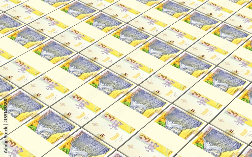 Macedonian denar bills stacks background. 3D illustration.