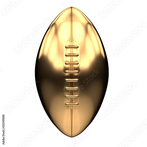 Golden American football and Rugby Ball Illustration. Front view. Sport equipment. Symbol of Cup or Trophy. 3D render Illustration Isolated on white background.