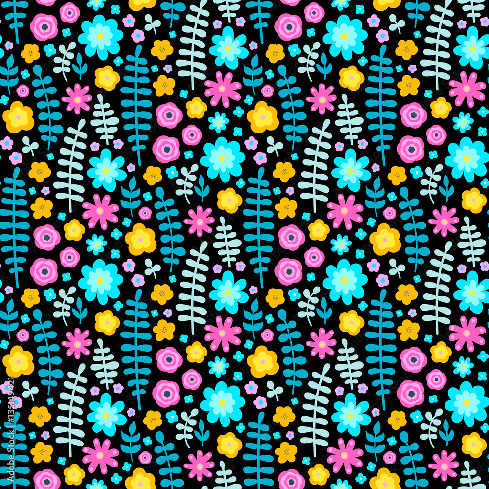 Vector seamless pattern with cute flat flowers and branches. Bright colors elements - pink, yellow, blue, grey on black backdrop. Nice floral background. Vector seamless pattern with cute flat flowers and branches. Bright colors elements - pink, yellow, blue, grey on black backdrop. Nice floral background.