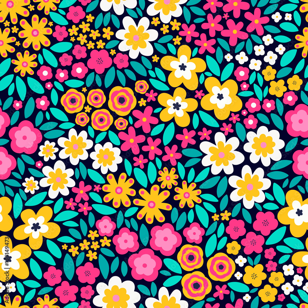 Vector seamless pattern with flat flowers and leaves. Cute floral