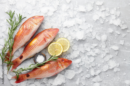 Fresh red mullet fish with lemon, salt and rosemary on icy stone background photo