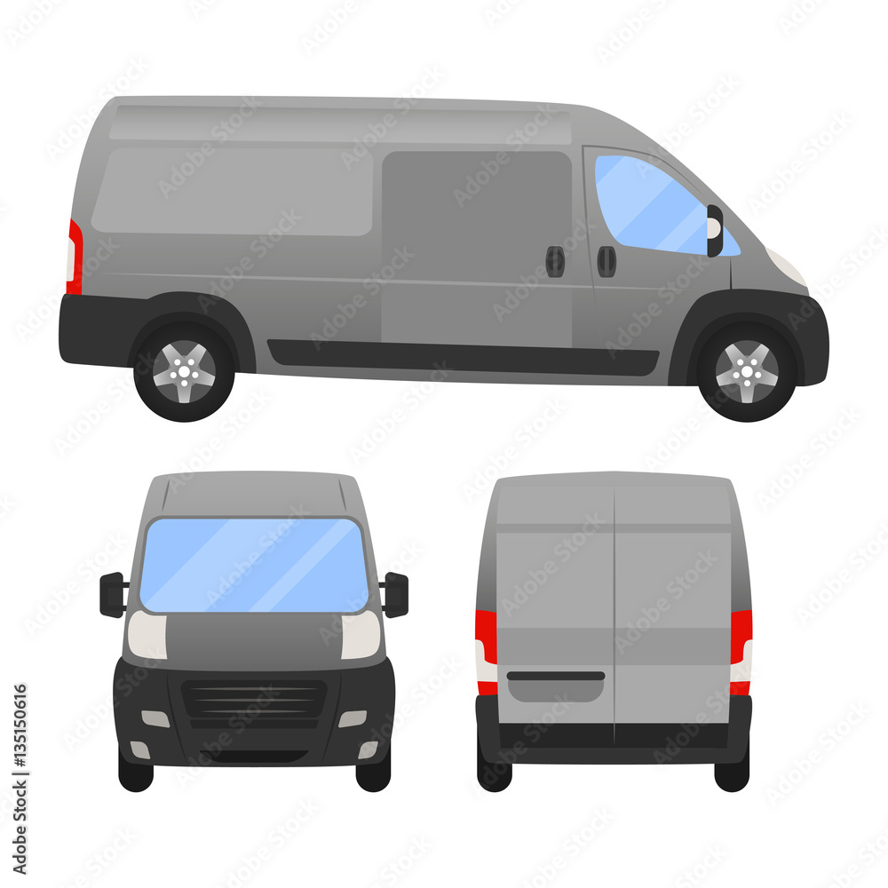 Delivery Van - Layout for presentation - vector template.isolated on white background, grey silver van vehicle template. back front side view Delivery Van - Layout for presentation - vector template.isolated on white background, grey silver van vehicle template. back front side view