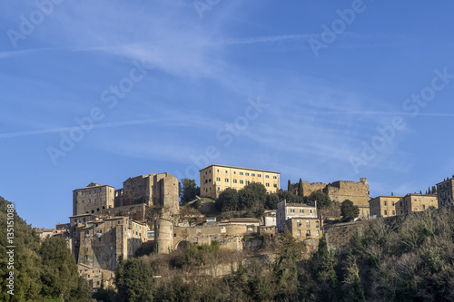 Beautiful panoramic view of the tuff village of Sorano, in the Grosseto Maremma, Grosseto, Tuscany, Italy