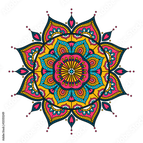 Vector hand drawn doodle mandala. Ethnic mandala with colorful tribal ornament. Isolated. On white background.