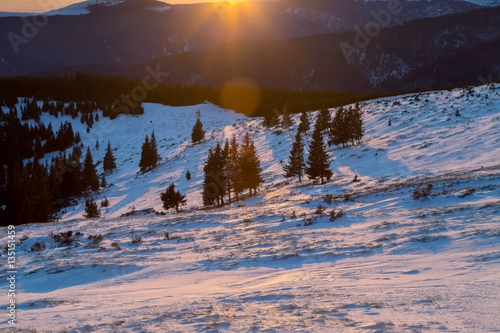 Winter sunset in the Carpathian Mountains