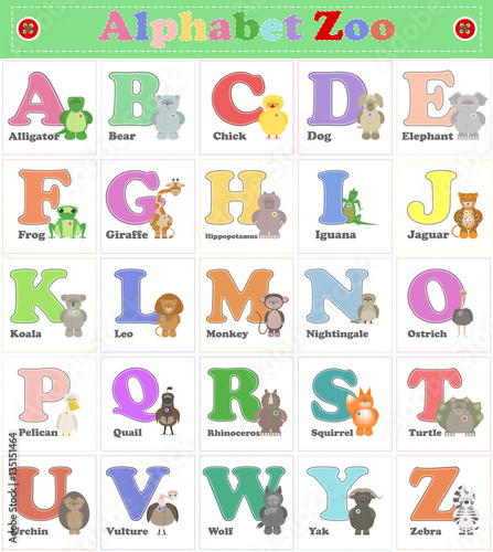Fototapeta Naklejka Na Ścianę i Meble -  Alphabet Zoo, funny plush animals. English alphabet. Vector cartoon
