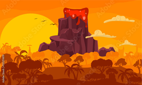 Prehistoric cartoon illustration with volcano eruption