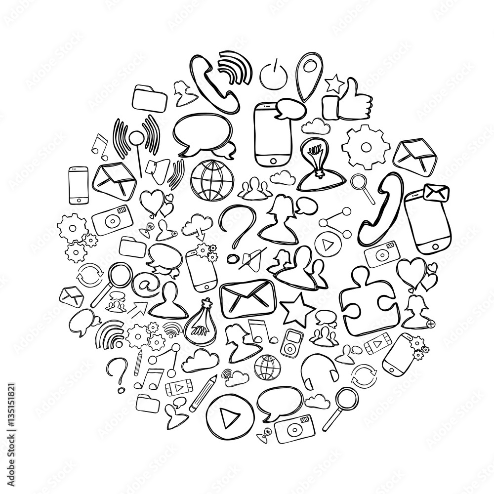 Ball of multimedia hand drawn icons