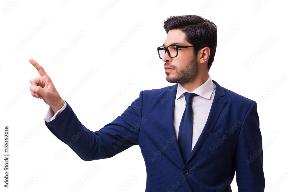 Young businessman pressing virtual buttons isolated on white Young businessman pressing virtual buttons isolated on white