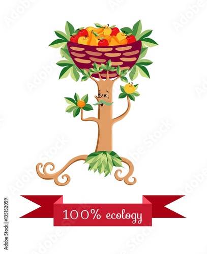 Tree in the form of a stylized mustachioed man with a basket of fruit on her head isolated on white background. Vector illustration. Beautiful packaging design for multifruit juice, jam and marmalade.